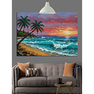 Palmiye Ağaçlı Günbatımı Dekoratif Kanvas - Mdf Ahşap Tablo 50x70 cm