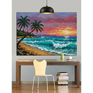 Palmiye Ağaçlı Günbatımı Dekoratif Kanvas - Mdf Ahşap Tablo 50x70 cm