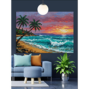 Palmiye Ağaçlı Günbatımı Dekoratif Kanvas - Mdf Ahşap Tablo 50x70 cm