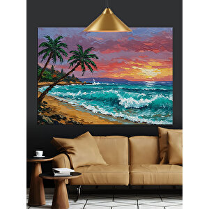 Palmiye Ağaçlı Günbatımı Dekoratif Kanvas - Mdf Ahşap Tablo