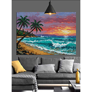 Palmiye Ağaçlı Günbatımı Dekoratif Kanvas - Mdf Ahşap Tablo