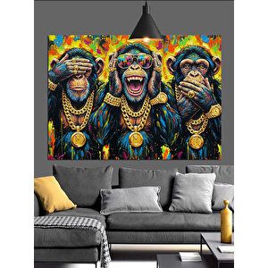 Altın Kolye Takmış Maymunlar Dekoratif Kanvas - Mdf Ahşap Tablo 70x100 cm