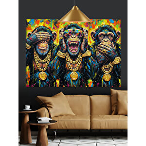 Altın Kolye Takmış Maymunlar Dekoratif Kanvas - Mdf Ahşap Tablo