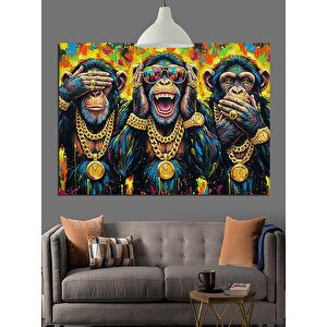 Altın Kolye Takmış Maymunlar Dekoratif Kanvas - Mdf Ahşap Tablo 35x50 cm