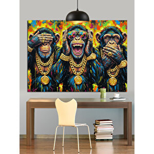 Altın Kolye Takmış Maymunlar Dekoratif Kanvas - Mdf Ahşap Tablo 35x50 cm