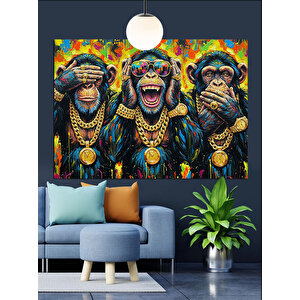 Altın Kolye Takmış Maymunlar Dekoratif Kanvas - Mdf Ahşap Tablo