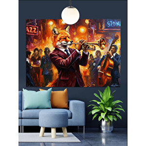 Caz Trompet Çalan Tilki Dekoratif Kanvas - Mdf Ahşap Tablo 70x100 cm