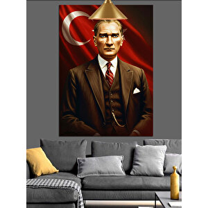 Türk Bayrağı Önünde Mustafa Kemal Atatürk Dekoratif Kanvas - Mdf Ahşap Tablo 25x35 cm