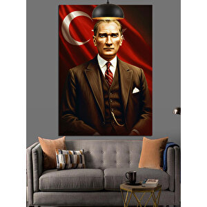 Türk Bayrağı Önünde Mustafa Kemal Atatürk Dekoratif Kanvas - Mdf Ahşap Tablo