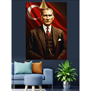 Türk Bayrağı Önünde Mustafa Kemal Atatürk Dekoratif Kanvas - Mdf Ahşap Tablo