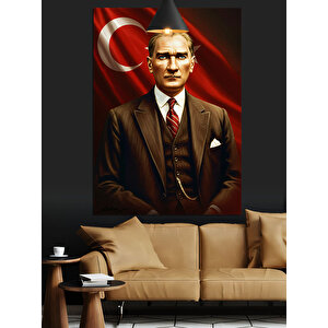 Türk Bayrağı Önünde Mustafa Kemal Atatürk Dekoratif Kanvas - Mdf Ahşap Tablo 70x100 cm