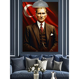Türk Bayrağı Önünde Mustafa Kemal Atatürk Dekoratif Kanvas - Mdf Ahşap Tablo 70x100 cm
