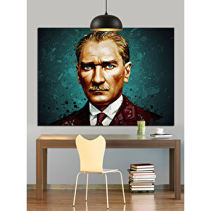 Yeşil Fonlu Atatürk Portresi Dekoratif Kanvas - Mdf Ahşap Tablo 70x100 cm