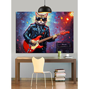 Gitar Çalan Rock Kedi Dekoratif Kanvas - Mdf Ahşap Tablo