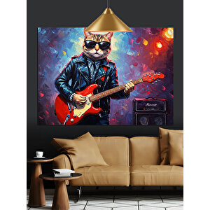 Gitar Çalan Rock Kedi Dekoratif Kanvas - Mdf Ahşap Tablo 70x100 cm