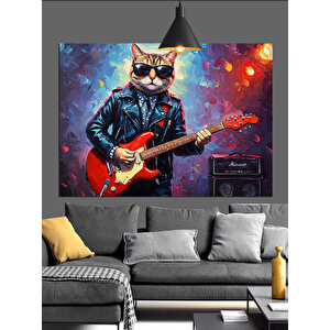 Gitar Çalan Rock Kedi Dekoratif Kanvas - Mdf Ahşap Tablo 70x100 cm