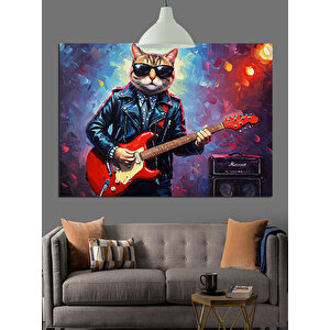 Gitar Çalan Rock Kedi Dekoratif Kanvas - Mdf Ahşap Tablo 70x100 cm