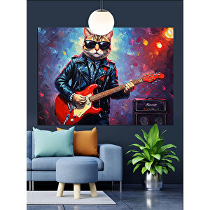 Gitar Çalan Rock Kedi Dekoratif Kanvas - Mdf Ahşap Tablo