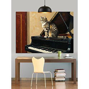 Piyanonun Başında Gri Kedi Dekoratif Kanvas - Mdf Ahşap Tablo 70x100 cm
