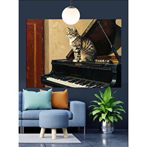 Piyanonun Başında Gri Kedi Dekoratif Kanvas - Mdf Ahşap Tablo 70x100 cm