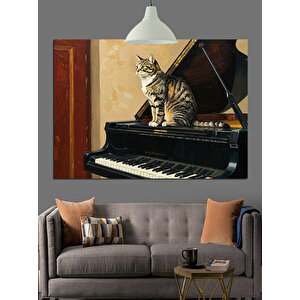 Piyanonun Başında Gri Kedi Dekoratif Kanvas - Mdf Ahşap Tablo