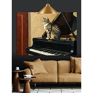 Piyanonun Başında Gri Kedi Dekoratif Kanvas - Mdf Ahşap Tablo 35x50 cm
