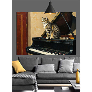 Piyanonun Başında Gri Kedi Dekoratif Kanvas - Mdf Ahşap Tablo