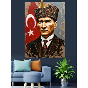 Bayrak Önünde Mustafa Kemal Atatürk Dekoratif Kanvas - Mdf Ahşap Tablo