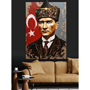 Bayrak Önünde Mustafa Kemal Atatürk Dekoratif Kanvas - Mdf Ahşap Tablo 70x100 cm