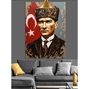 Bayrak Önünde Mustafa Kemal Atatürk Dekoratif Kanvas - Mdf Ahşap Tablo 70x100 cm