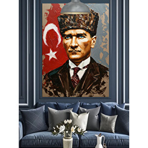 Bayrak Önünde Mustafa Kemal Atatürk Dekoratif Kanvas - Mdf Ahşap Tablo 70x100 cm