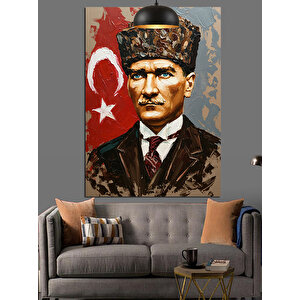 Bayrak Önünde Mustafa Kemal Atatürk Dekoratif Kanvas - Mdf Ahşap Tablo