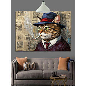 Silindir Şapkalı Kedi Portresi Dekoratif Kanvas - Mdf Ahşap Tablo 70x100 cm