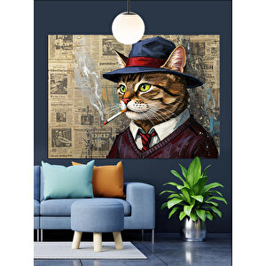 Silindir Şapkalı Kedi Portresi Dekoratif Kanvas - Mdf Ahşap Tablo