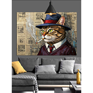 Silindir Şapkalı Kedi Portresi Dekoratif Kanvas - Mdf Ahşap Tablo 25x35 cm