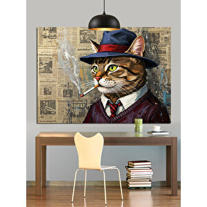Silindir Şapkalı Kedi Portresi Dekoratif Kanvas - Mdf Ahşap Tablo 25x35 cm