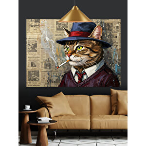 Silindir Şapkalı Kedi Portresi Dekoratif Kanvas - Mdf Ahşap Tablo