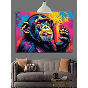Renkli Kutu Tutan Maymun Dekoratif Kanvas - Mdf Ahşap Tablo 50x70 cm