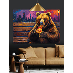 Pizza Yiyen Kahverengi Ayı Dekoratif Kanvas - Mdf Ahşap Tablo 70x100 cm