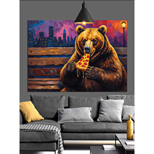 Pizza Yiyen Kahverengi Ayı Dekoratif Kanvas - Mdf Ahşap Tablo 70x100 cm