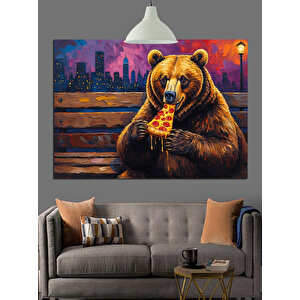 Pizza Yiyen Kahverengi Ayı Dekoratif Kanvas - Mdf Ahşap Tablo 70x100 cm