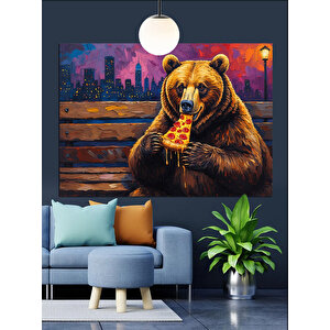 Pizza Yiyen Kahverengi Ayı Dekoratif Kanvas - Mdf Ahşap Tablo