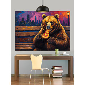 Pizza Yiyen Kahverengi Ayı Dekoratif Kanvas - Mdf Ahşap Tablo