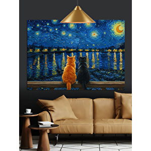 Yıldızlı Gece Ve Kediler Dekoratif Kanvas - Mdf Ahşap Tablo 25x35 cm
