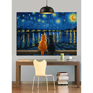 Yıldızlı Gece Ve Kediler Dekoratif Kanvas - Mdf Ahşap Tablo