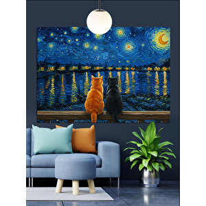 Yıldızlı Gece Ve Kediler Dekoratif Kanvas - Mdf Ahşap Tablo 70x100 cm