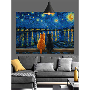 Yıldızlı Gece Ve Kediler Dekoratif Kanvas - Mdf Ahşap Tablo 70x100 cm