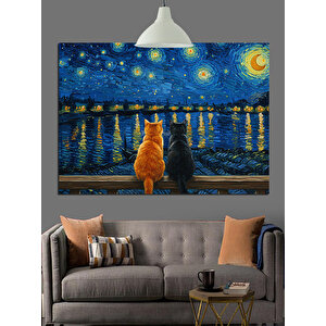 Yıldızlı Gece Ve Kediler Dekoratif Kanvas - Mdf Ahşap Tablo