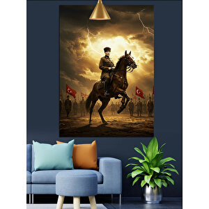 At Üstünde Mustafa Kemal Atatürk Dekoratif Kanvas - Mdf Ahşap Tablo 35x50 cm