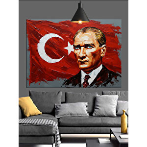 Türk Bayrağı Önünde Atatürk Dekoratif Kanvas - Mdf Ahşap Tablo 70x100 cm
